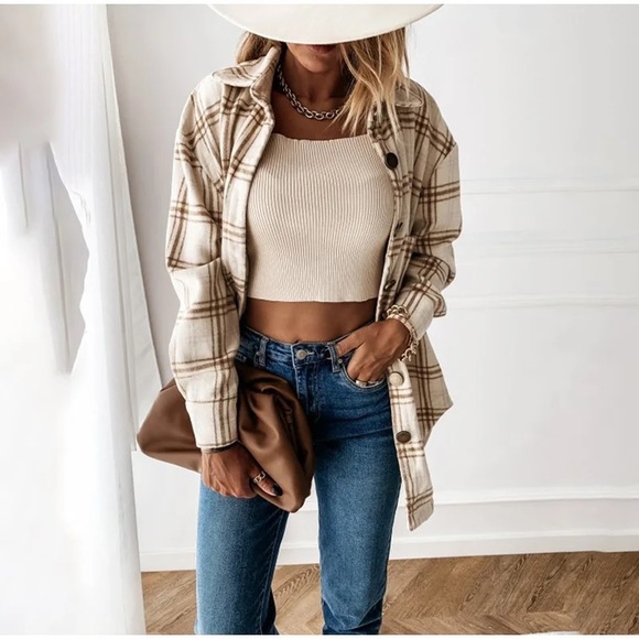 #30 tan cream plaid soft button down flannel long sleeve top light shacket - Picture 4 of 7